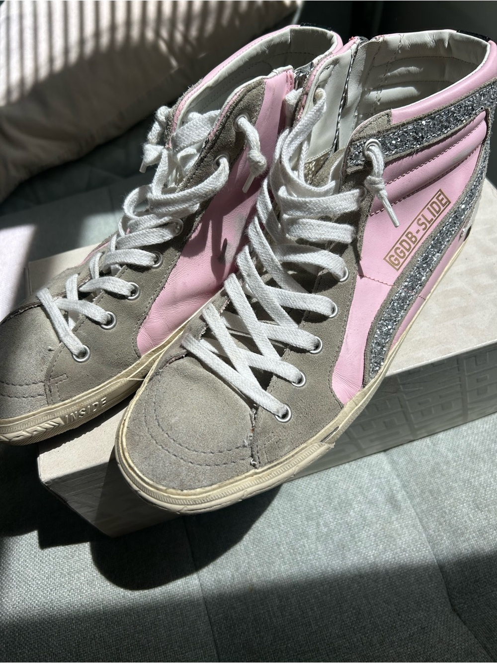 Golden Goose High-Top Sneakers in Pink, Gray and Silver Glitter